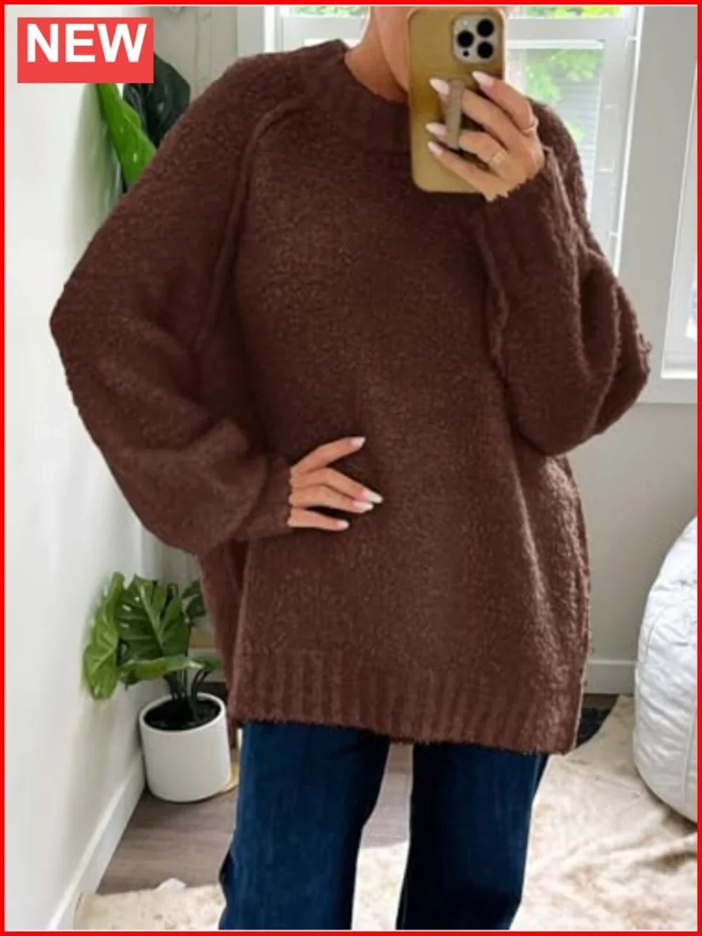 Womens Oversized Fuzzy Sweater Crew Neck Long Sleeve